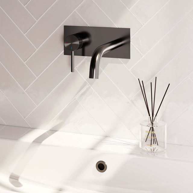 BRAUER Gunmetal Carving inbouw wastafelmengkraan met gebogen uitloop en afdekplaat model A2 gunmetal geborsteld PVD 5-GM-083-B6