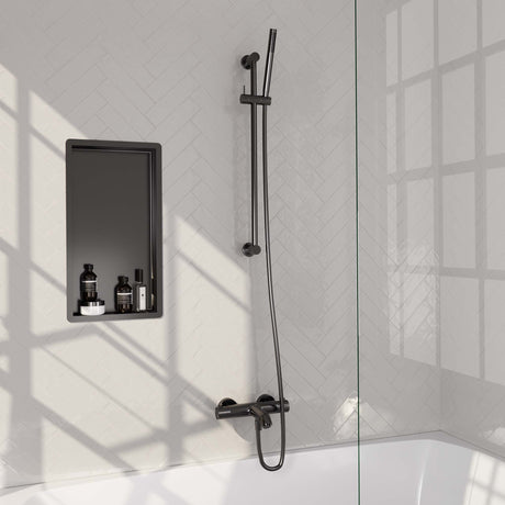 BRAUER Gunmetal Carving opbouw baddouche thermostaatkraan SET 01 met glijstang en staaf handdouche en doucheslang gunmetal geborsteld PVD