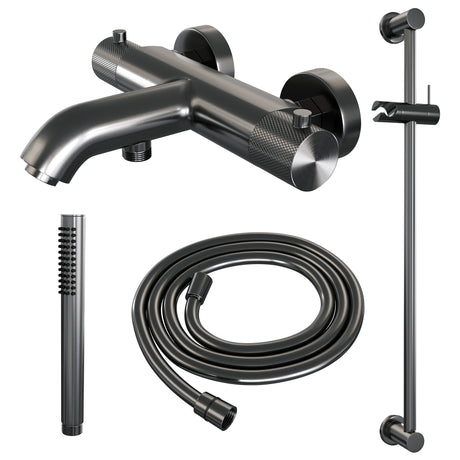 BRAUER Gunmetal Carving opbouw baddouche thermostaatkraan SET 01 met glijstang en staaf handdouche en doucheslang gunmetal geborsteld PVD