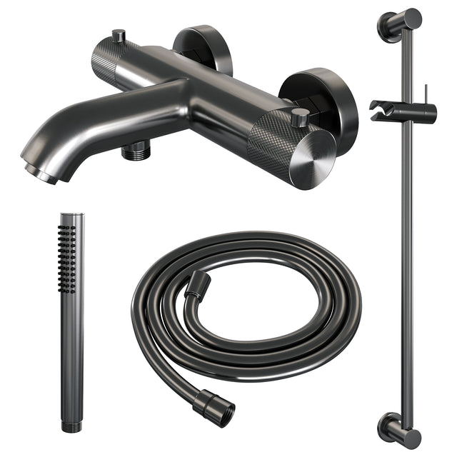 BRAUER Gunmetal Carving opbouw baddouche thermostaatkraan SET 01 met glijstang en staaf handdouche en doucheslang gunmetal geborsteld PVD