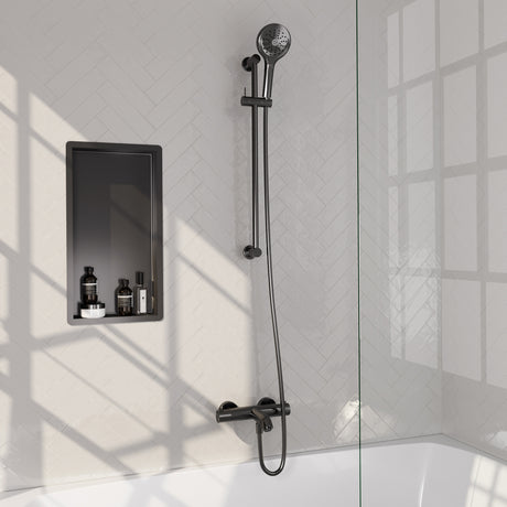 BRAUER Gunmetal Carving opbouw baddouche thermostaatkraan SET 02 met glijstang en 3-standen handdouche en doucheslang gunmetal geborsteld PVD