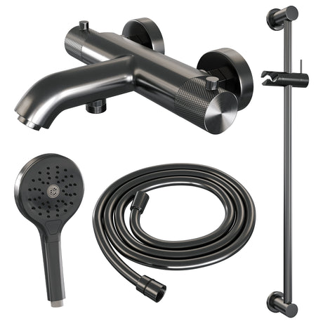 BRAUER Gunmetal Carving opbouw baddouche thermostaatkraan SET 02 met glijstang en 3-standen handdouche en doucheslang gunmetal geborsteld PVD