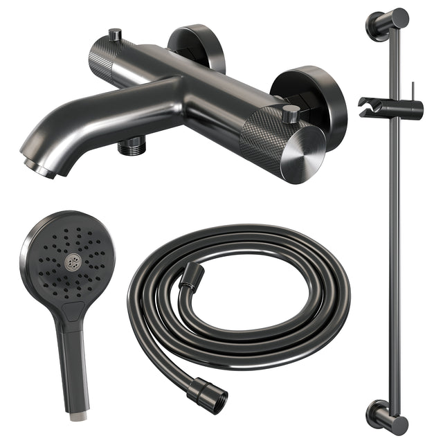 BRAUER Gunmetal Carving opbouw baddouche thermostaatkraan SET 02 met glijstang en 3-standen handdouche en doucheslang gunmetal geborsteld PVD