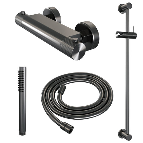 BRAUER Gunmetal Carving opbouw douche thermostaatkraan SET 01 met glijstang en staaf handdouche en doucheslang gunmetal geborsteld PVD