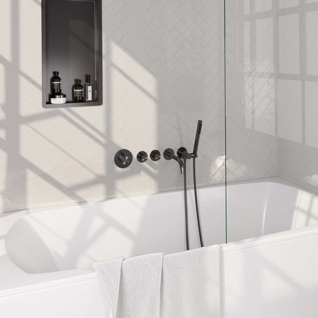 BRAUER Gunmetal Carving thermostatische inbouw badkraan SET 01 met uitloop en staaf handdouche en doucheslang en wandaansluitbocht gunmetal geborsteld PVD