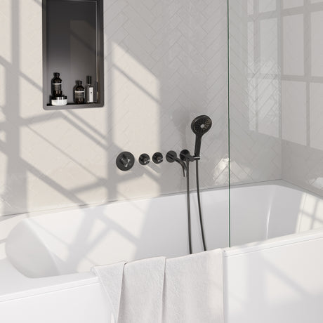BRAUER Gunmetal Carving thermostatische inbouw badkraan SET 02 met uitloop en 3-standen handdouche en doucheslang en wandaansluitbocht gunmetal geborsteld PVD