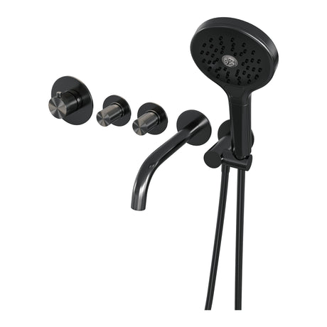 BRAUER Gunmetal Carving thermostatische inbouw badkraan SET 02 met uitloop en 3-standen handdouche en doucheslang en wandaansluitbocht gunmetal geborsteld PVD