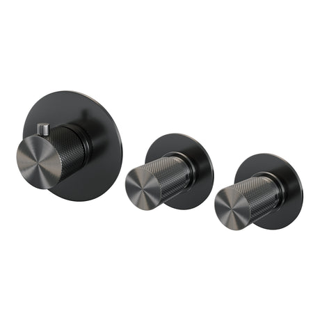 BRAUER Gunmetal Carving thermostatische inbouw badkraan SET 02 met uitloop en 3-standen handdouche en doucheslang en wandaansluitbocht gunmetal geborsteld PVD