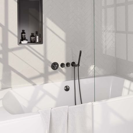 BRAUER Gunmetal Carving thermostatische inbouw badkraan SET 01 met badvulcombinatie en staaf handdouche en doucheslang en wandaansluitbocht gunmetal geborsteld PVD