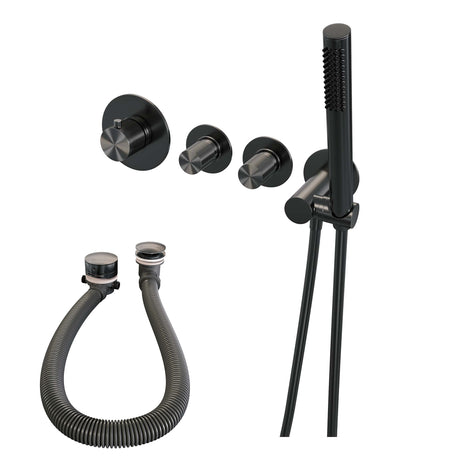 BRAUER Gunmetal Carving thermostatische inbouw badkraan SET 01 met badvulcombinatie en staaf handdouche en doucheslang en wandaansluitbocht gunmetal geborsteld PVD