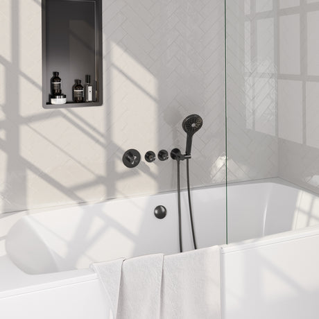 BRAUER Gunmetal Carving thermostatische inbouw badkraan SET 02 met badvulcombinatie en 3-standen handdouche en doucheslang en wandaansluitbocht gunmetal geborsteld PVD