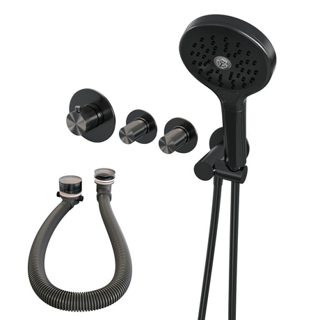 BRAUER Gunmetal Carving thermostatische inbouw badkraan SET 02 met badvulcombinatie en 3-standen handdouche en doucheslang en wandaansluitbocht gunmetal geborsteld PVD