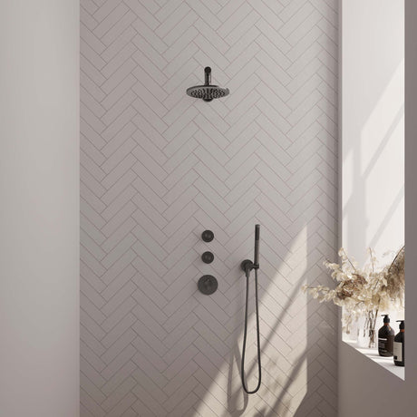BRAUER Gunmetal Carving thermostatische inbouw regendouche SET 01 met 20 cm douchekop en rechte muurarm en staaf handdouche en doucheslang en wandaansluitbocht gunmetal geborsteld PVD