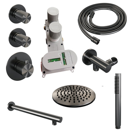 BRAUER Gunmetal Carving thermostatische inbouw regendouche SET 01 met 20 cm douchekop en rechte muurarm en staaf handdouche en doucheslang en wandaansluitbocht gunmetal geborsteld PVD