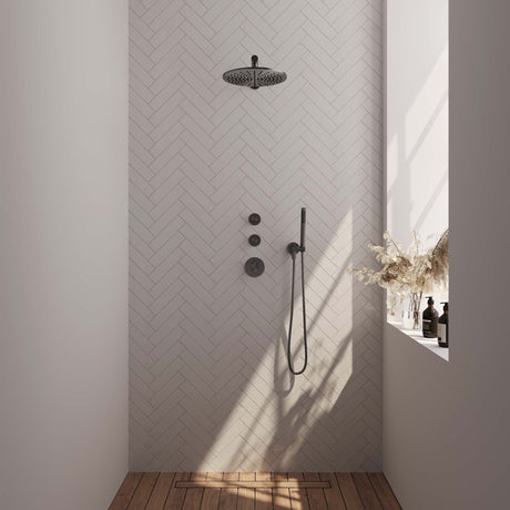 BRAUER Gunmetal Carving thermostatische inbouw regendouche SET 02 met 30 cm douchekop en rechte muurarm en staaf handdouche en doucheslang en wandaansluitbocht gunmetal geborsteld PVD