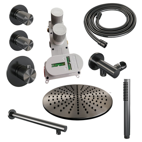 BRAUER Gunmetal Carving thermostatische inbouw regendouche SET 02 met 30 cm douchekop en rechte muurarm en staaf handdouche en doucheslang en wandaansluitbocht gunmetal geborsteld PVD