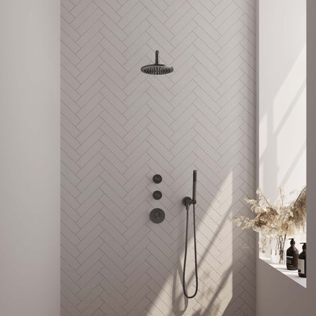BRAUER Gunmetal Carving thermostatische inbouw regendouche SET 03 met 20 cm douchekop en gebogen muurarm en staaf handdouche en doucheslang en wandaansluitbocht gunmetal geborsteld PVD