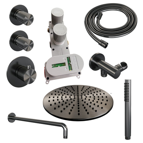 BRAUER Gunmetal Carving thermostatische inbouw regendouche SET 04 met 30 cm douchekop en gebogen muurarm en staaf handdouche en doucheslang en wandaansluitbocht gunmetal geborsteld PVD