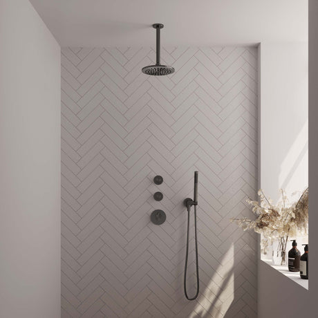 BRAUER Gunmetal Carving thermostatische inbouw regendouche SET 05 met 20 cm douchekop en plafondarm en staaf handdouche en doucheslang en wandaansluitbocht gunmetal geborsteld PVD