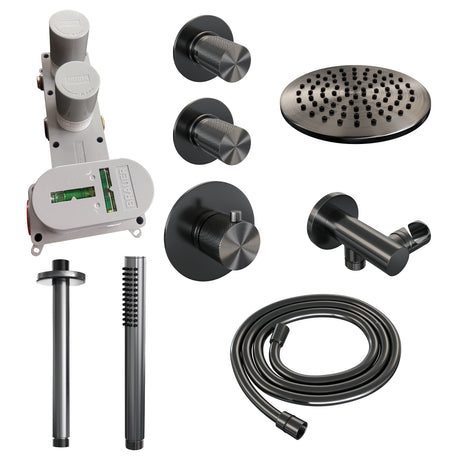 BRAUER Gunmetal Carving thermostatische inbouw regendouche SET 05 met 20 cm douchekop en plafondarm en staaf handdouche en doucheslang en wandaansluitbocht gunmetal geborsteld PVD