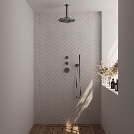 BRAUER Gunmetal Carving thermostatische inbouw regendouche SET 06 met 30 cm douchekop en plafondarm en staaf handdouche en doucheslang en wandaansluitbocht gunmetal geborsteld PVD