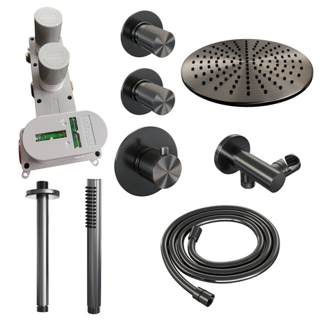 BRAUER Gunmetal Carving thermostatische inbouw regendouche SET 06 met 30 cm douchekop en plafondarm en staaf handdouche en doucheslang en wandaansluitbocht gunmetal geborsteld PVD