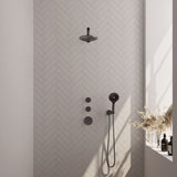BRAUER Gunmetal Carving thermostatische inbouw regendouche SET 07 met 20 cm douchekop en rechte muurarm en 3-standen handdouche en doucheslang en wandaansluitbocht gunmetal geborsteld PVD