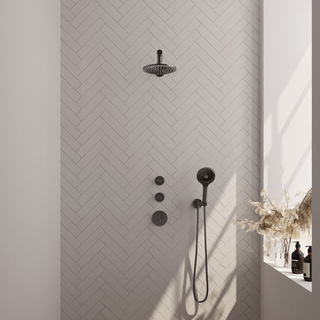 BRAUER Gunmetal Carving thermostatische inbouw regendouche SET 07 met 20 cm douchekop en rechte muurarm en 3-standen handdouche en doucheslang en wandaansluitbocht gunmetal geborsteld PVD