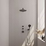 BRAUER Gunmetal Carving thermostatische inbouw regendouche SET 08 met 30 cm douchekop en rechte muurarm en 3-standen handdouche en doucheslang en wandaansluitbocht gunmetal geborsteld PVD