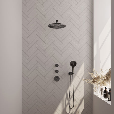 BRAUER Gunmetal Carving thermostatische inbouw regendouche SET 08 met 30 cm douchekop en rechte muurarm en 3-standen handdouche en doucheslang en wandaansluitbocht gunmetal geborsteld PVD