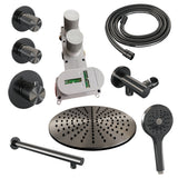 BRAUER Gunmetal Carving thermostatische inbouw regendouche SET 08 met 30 cm douchekop en rechte muurarm en 3-standen handdouche en doucheslang en wandaansluitbocht gunmetal geborsteld PVD