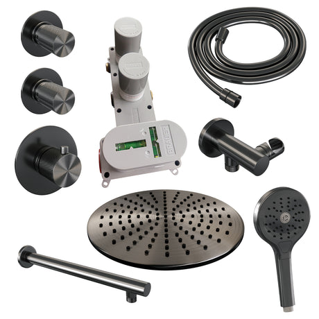 BRAUER Gunmetal Carving thermostatische inbouw regendouche SET 08 met 30 cm douchekop en rechte muurarm en 3-standen handdouche en doucheslang en wandaansluitbocht gunmetal geborsteld PVD