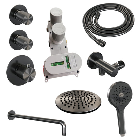 BRAUER Gunmetal Carving thermostatische inbouw regendouche SET 09 met 20 cm douchekop en gebogen muurarm en 3-standen handdouche en doucheslang en wandaansluitbocht gunmetal geborsteld PVD