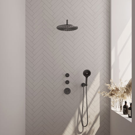 BRAUER Gunmetal Carving thermostatische inbouw regendouche SET 10 met 30 cm douchekop en gebogen muurarm en 3-standen handdouche en doucheslang en wandaansluitbocht gunmetal geborsteld PVD