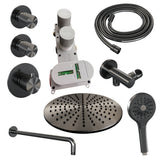 BRAUER Gunmetal Carving thermostatische inbouw regendouche SET 10 met 30 cm douchekop en gebogen muurarm en 3-standen handdouche en doucheslang en wandaansluitbocht gunmetal geborsteld PVD
