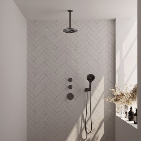 BRAUER Gunmetal Carving thermostatische inbouw regendouche SET 11 met 20 cm douchekop en plafondarm en 3-standen handdouche en doucheslang en wandaansluitbocht gunmetal geborsteld PVD