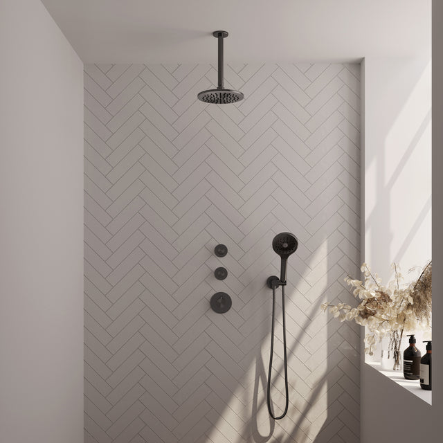 BRAUER Gunmetal Carving thermostatische inbouw regendouche SET 11 met 20 cm douchekop en plafondarm en 3-standen handdouche en doucheslang en wandaansluitbocht gunmetal geborsteld PVD