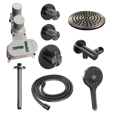 BRAUER Gunmetal Carving thermostatische inbouw regendouche SET 11 met 20 cm douchekop en plafondarm en 3-standen handdouche en doucheslang en wandaansluitbocht gunmetal geborsteld PVD