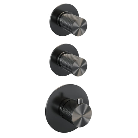 BRAUER Gunmetal Carving thermostatische inbouw regendouche SET 11 met 20 cm douchekop en plafondarm en 3-standen handdouche en doucheslang en wandaansluitbocht gunmetal geborsteld PVD