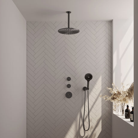BRAUER Gunmetal Carving thermostatische inbouw regendouche SET 12 met 30 cm douchekop en plafondarm en 3-standen handdouche en doucheslang en wandaansluitbocht gunmetal geborsteld PVD