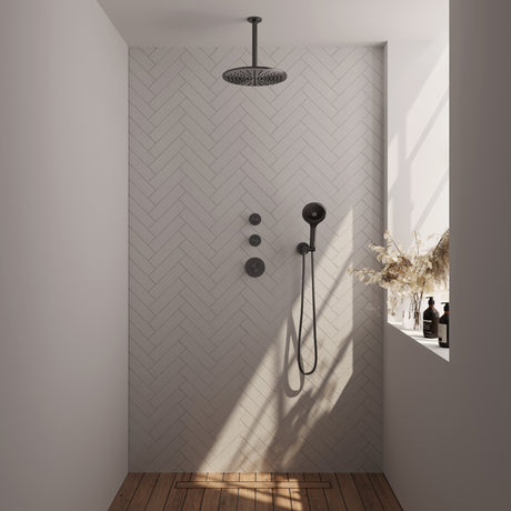 BRAUER Gunmetal Carving thermostatische inbouw regendouche SET 12 met 30 cm douchekop en plafondarm en 3-standen handdouche en doucheslang en wandaansluitbocht gunmetal geborsteld PVD