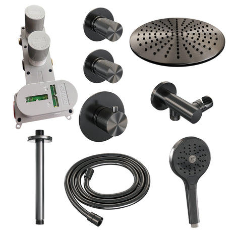 BRAUER Gunmetal Carving thermostatische inbouw regendouche SET 12 met 30 cm douchekop en plafondarm en 3-standen handdouche en doucheslang en wandaansluitbocht gunmetal geborsteld PVD