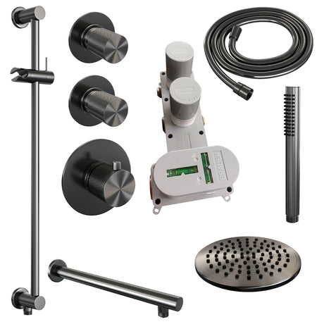 BRAUER Gunmetal Carving thermostatische inbouw regendouche SET 13 met 20 cm douchekop en rechte muurarm en staaf handdouche en doucheslang en geïntegreerde glijstang gunmetal geborsteld PVD