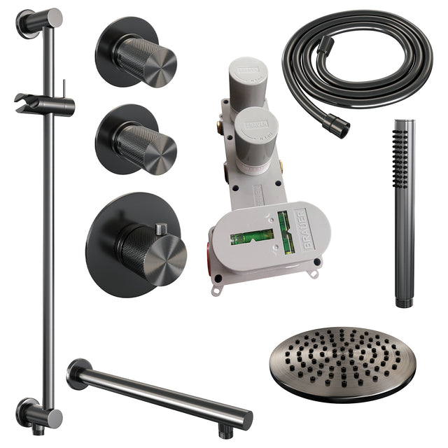 BRAUER Gunmetal Carving thermostatische inbouw regendouche SET 13 met 20 cm douchekop en rechte muurarm en staaf handdouche en doucheslang en geïntegreerde glijstang gunmetal geborsteld PVD