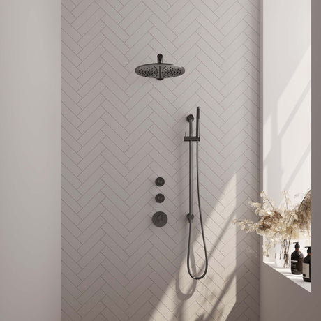 BRAUER Gunmetal Carving thermostatische inbouw regendouche SET 14 met 30 cm douchekop en rechte muurarm en staaf handdouche en doucheslang en geïntegreerde glijstang gunmetal geborsteld PVD