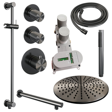 BRAUER Gunmetal Carving thermostatische inbouw regendouche SET 14 met 30 cm douchekop en rechte muurarm en staaf handdouche en doucheslang en geïntegreerde glijstang gunmetal geborsteld PVD