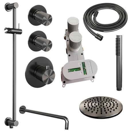 BRAUER Gunmetal Carving thermostatische inbouw regendouche SET 15 met 20 cm douchekop en gebogen muurarm en staaf handdouche en doucheslang en geïntegreerde glijstang gunmetal geborsteld PVD