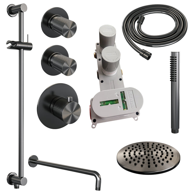 BRAUER Gunmetal Carving thermostatische inbouw regendouche SET 15 met 20 cm douchekop en gebogen muurarm en staaf handdouche en doucheslang en geïntegreerde glijstang gunmetal geborsteld PVD