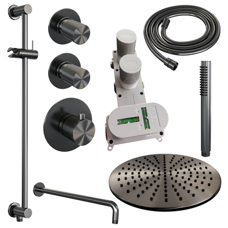 BRAUER Gunmetal Carving thermostatische inbouw regendouche SET 16 met 30 cm douchekop en gebogen muurarm en staaf handdouche en doucheslang en geïntegreerde glijstang gunmetal geborsteld PVD