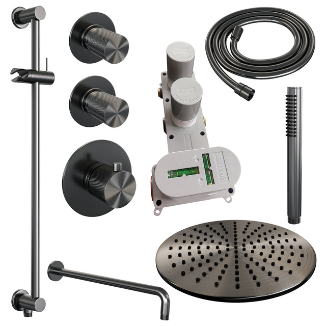 BRAUER Gunmetal Carving thermostatische inbouw regendouche SET 16 met 30 cm douchekop en gebogen muurarm en staaf handdouche en doucheslang en geïntegreerde glijstang gunmetal geborsteld PVD